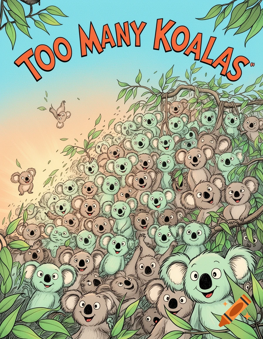 A whimsical Dr. Seuss style book cover titled 'TOO MANY KOALAS' featuring a large pile of cartoon koalas in trees.