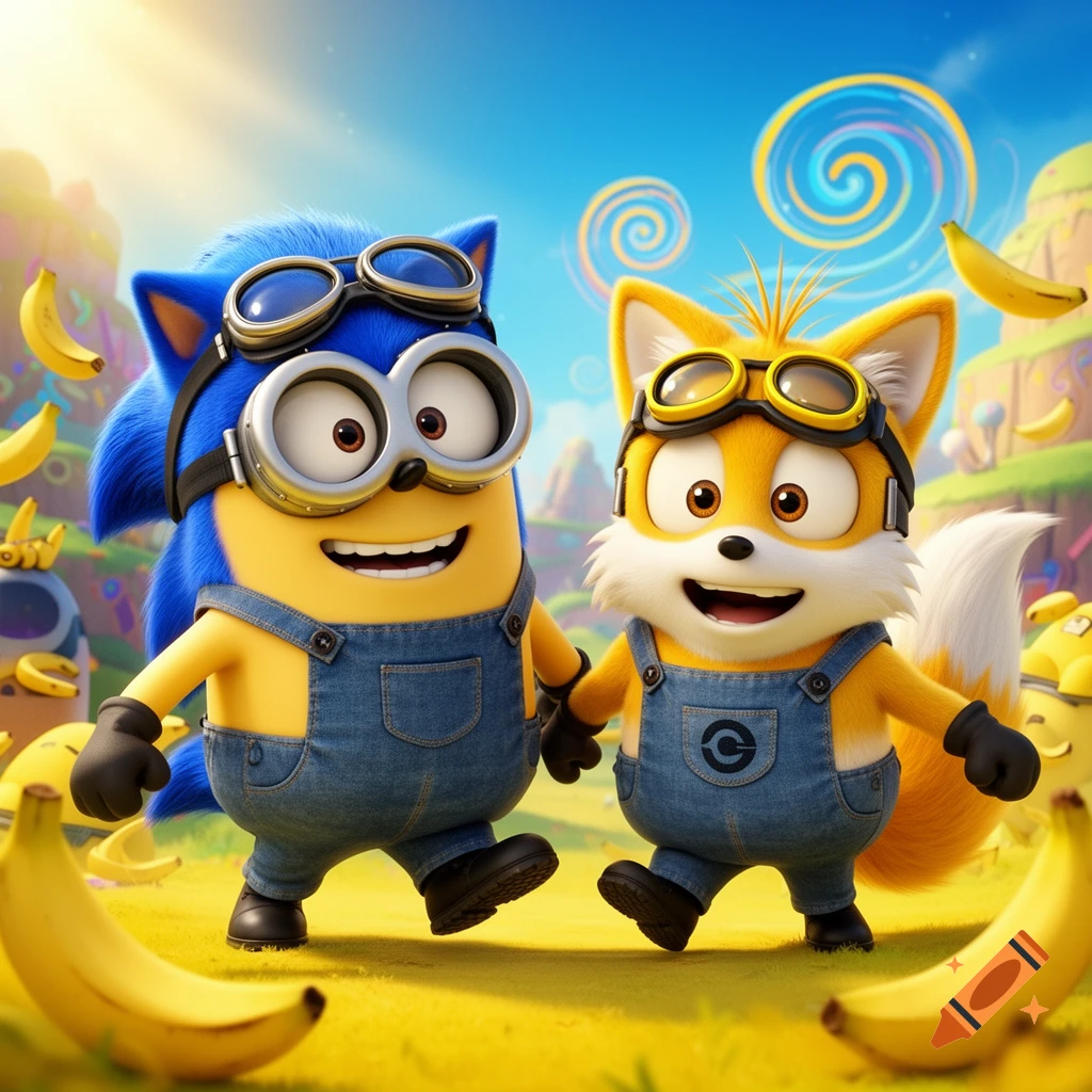 Cartoon Sonic and Tails characters dressed as Minions, walking in a yellow, banana-filled landscape under a blue sky.