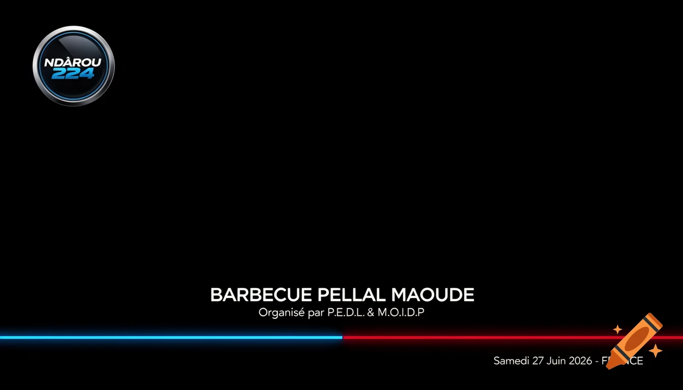 TV news lower-third graphic template on black. Features 'NDÂROU 224' logo, 'BARBECUE PELLAL MAOUDE' text, and neon blue/red line.