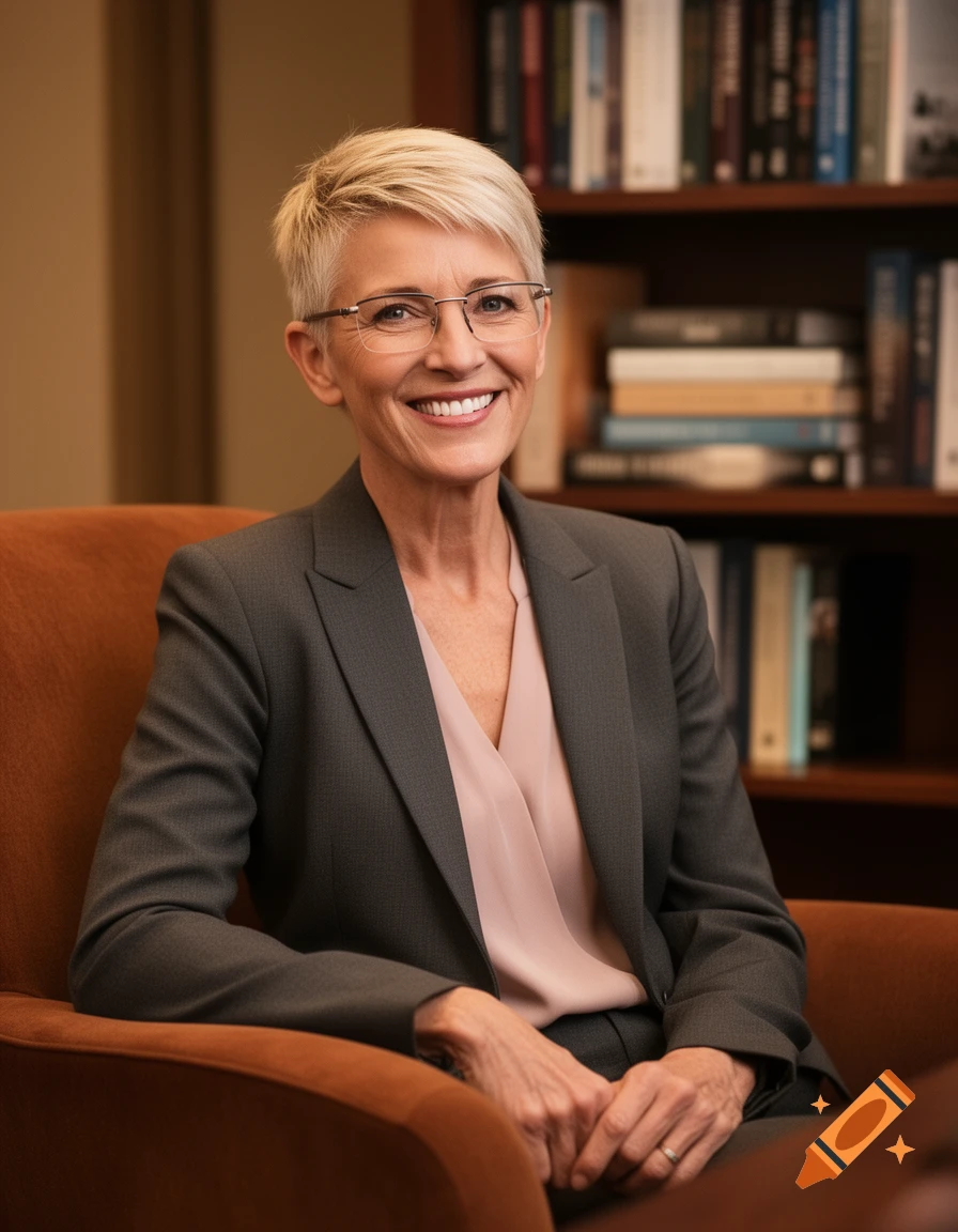 A smiling woman with short blonde hair and glasses sits in an orange armchair in front of a bookshelf.