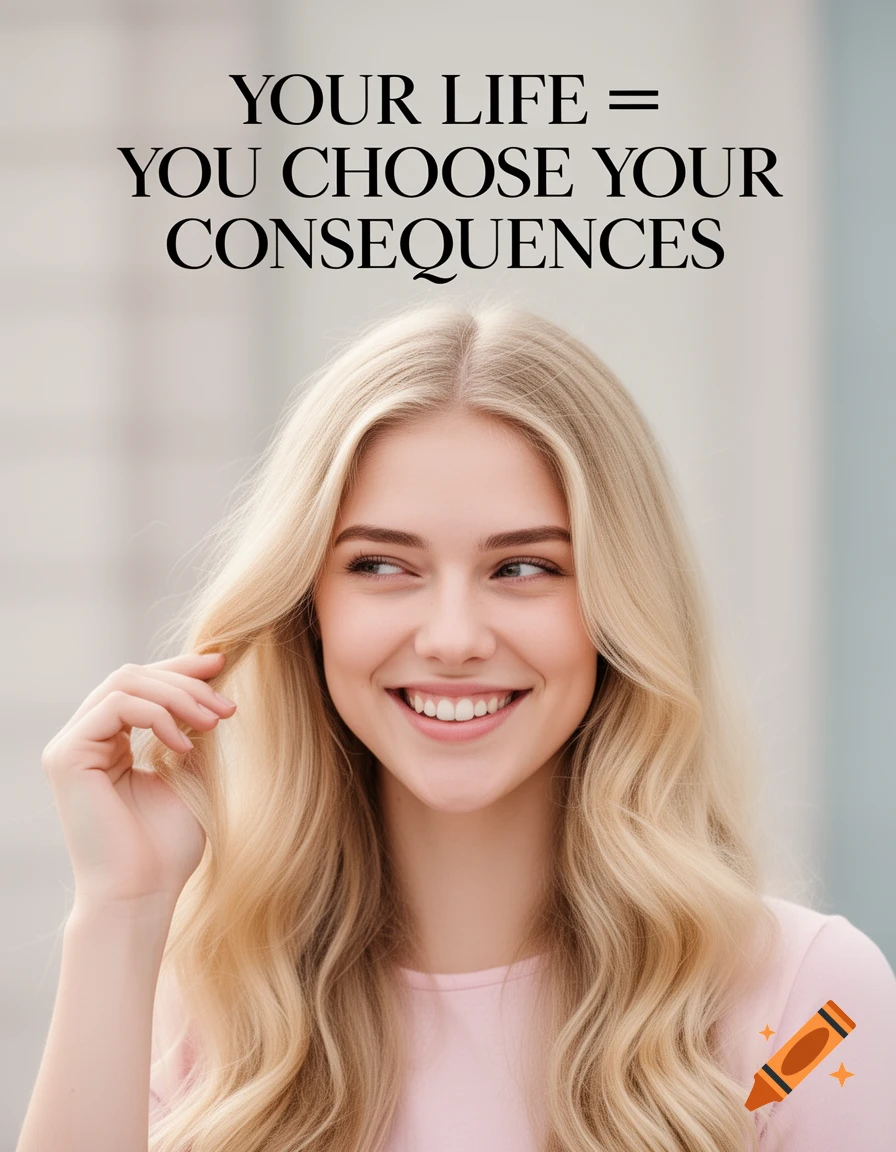 Smiling blonde woman touches her hair, with 'YOUR LIFE = YOU CHOOSE YOUR CONSEQUENCES' text above.
