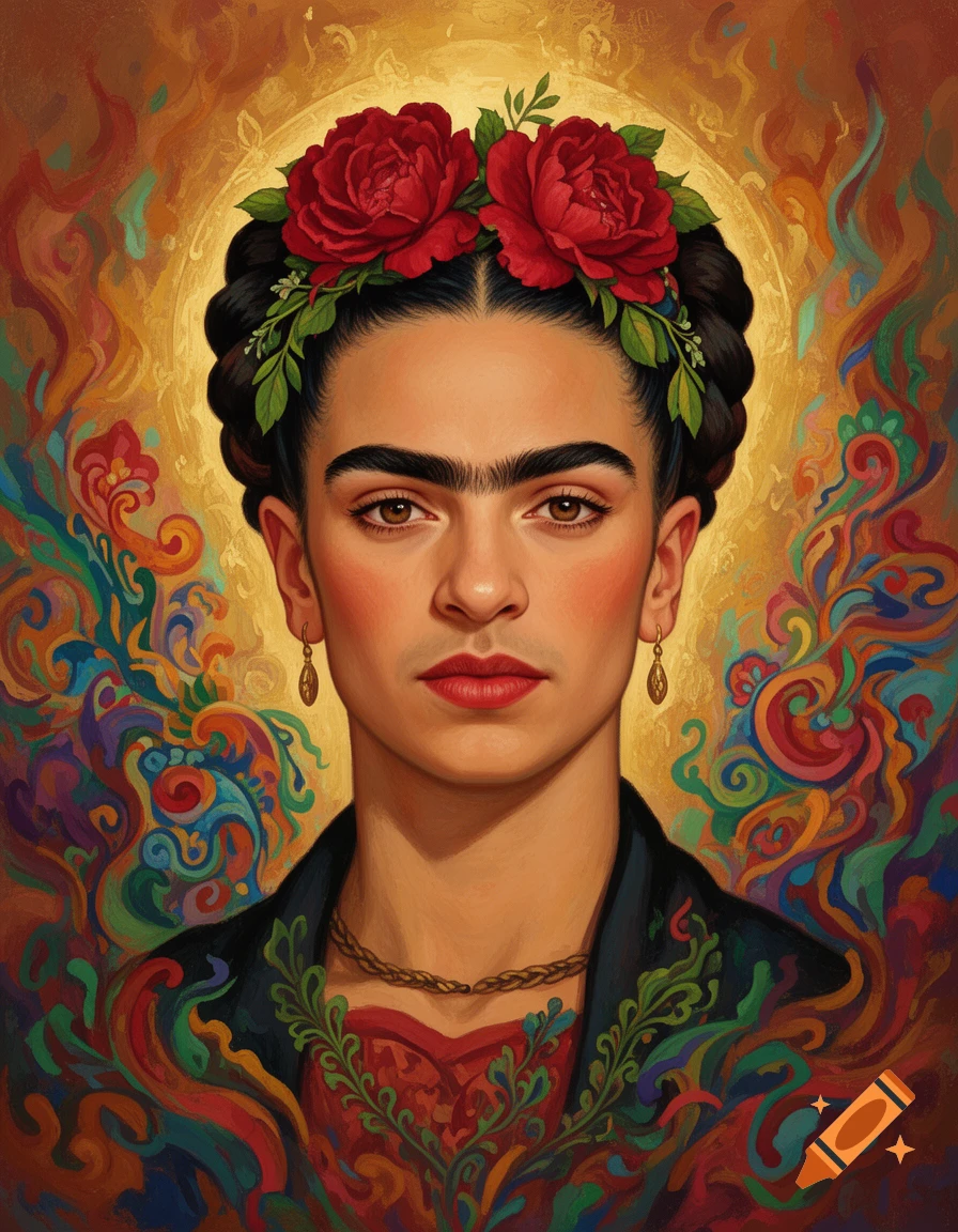 Vibrant painterly portrait of a woman resembling Frida Kahlo with a red floral headdress, braided hair, and bold brows against a golden, swirling background.