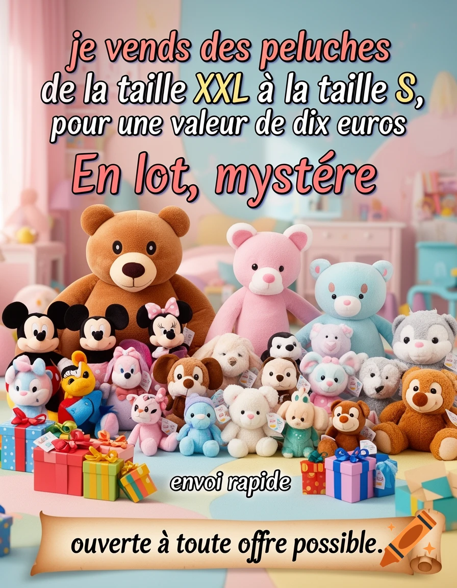 An advertisement showing a large collection of colorful plush toys, including Disney characters, with overlaid French text about selling them.
