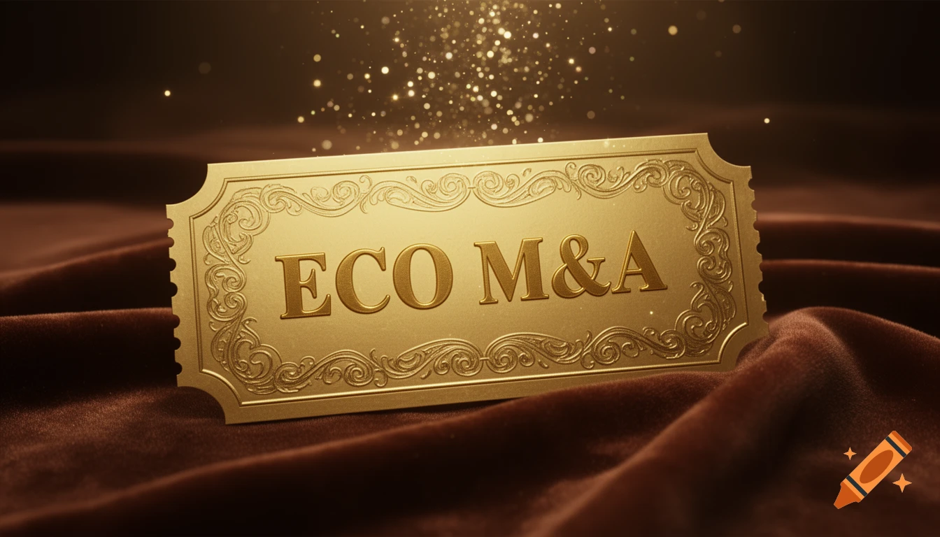 A golden ticket with 'ECO M&A' embossed on it, lying on brown velvet with golden glitter falling above.