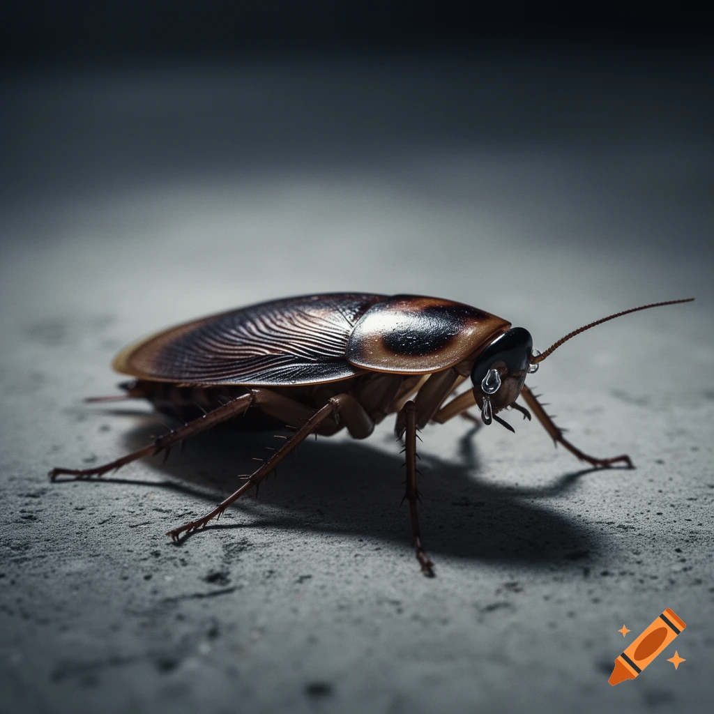 A close-up, photorealistic image of a brown cockroach on a grey concrete surface, with two distinct tear-like droplets on its head.