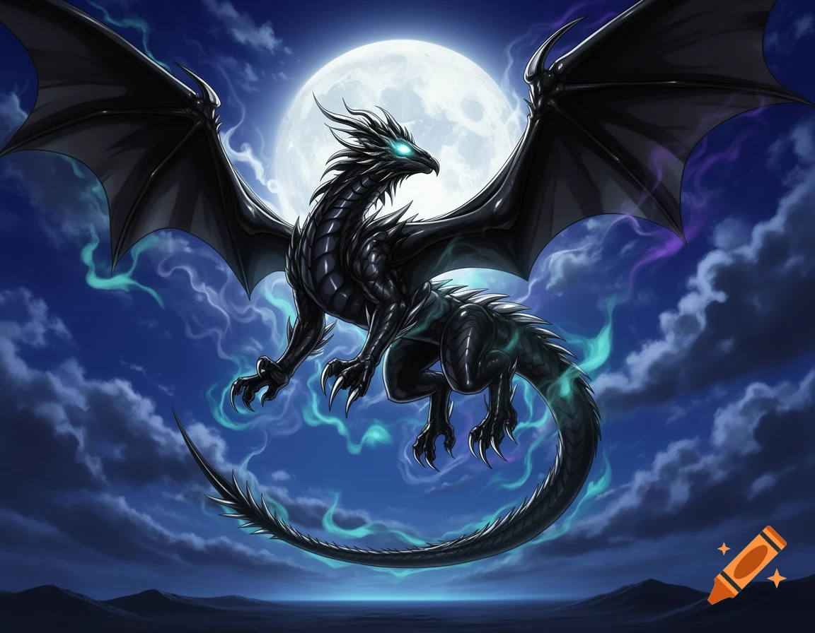 A majestic black dragon with glowing blue eyes and teal smoke flying against a full moon and cloudy night sky.