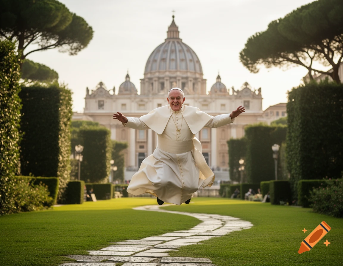 Photorealistic image of Pope Francis jumping and smiling over a stone path in the Vatican gardens, with St. Peter's Basilica behind him.
