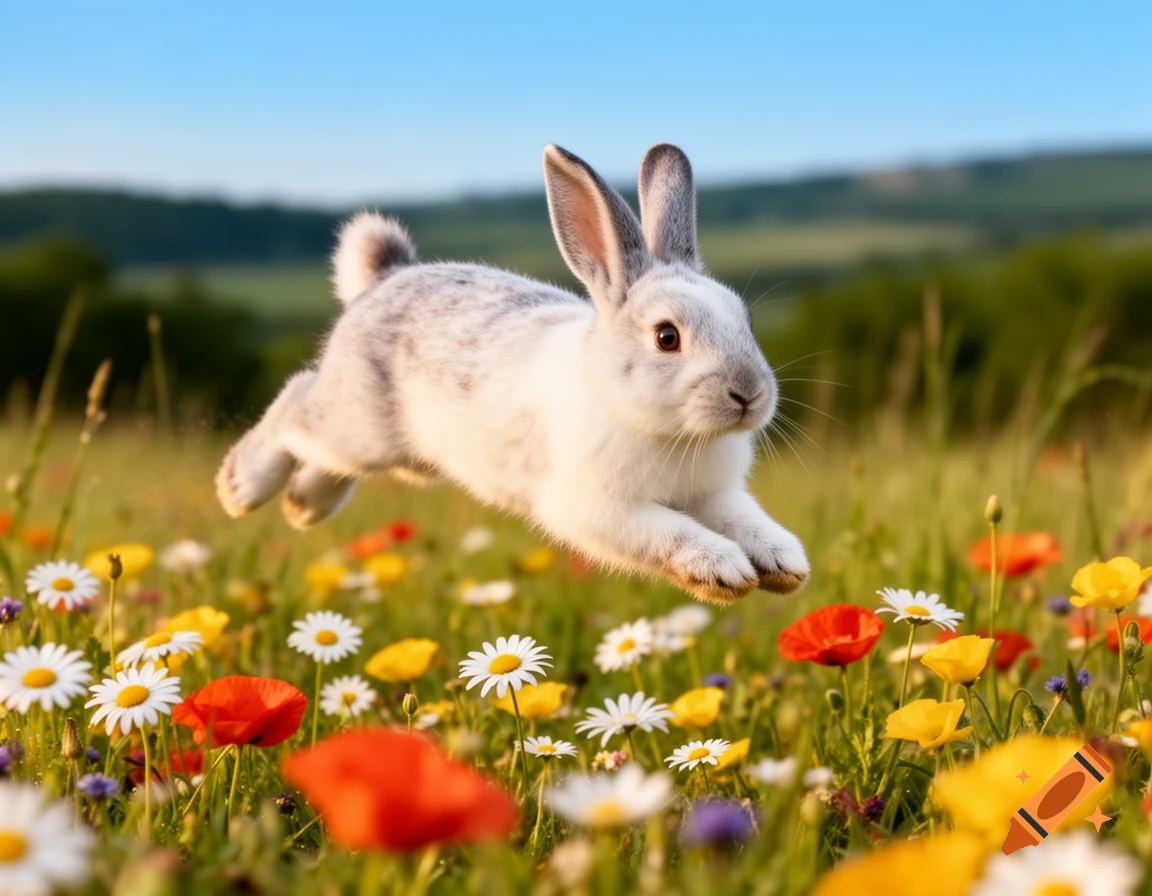 A white rabbit leaps through a vibrant field of colorful flowers under a clear blue sky, photorealistic.