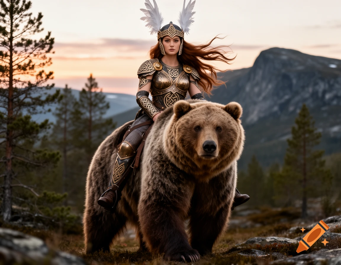 A brown-haired Valkyrie in ornate armor rides a large brown bear in a photorealistic fantasy landscape at sunset.
