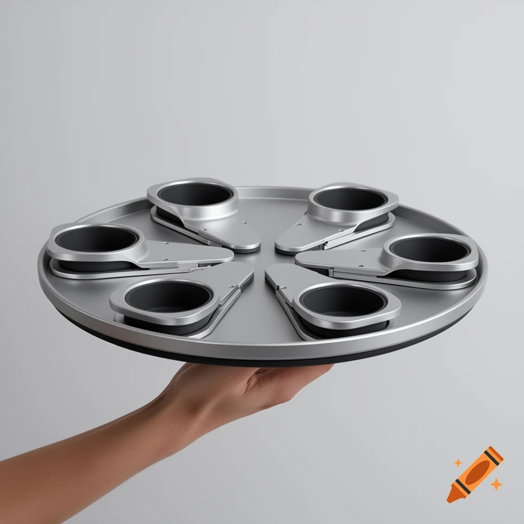 A hand holds a futuristic, minimalist silver metallic serving tray with six black-lined cup holders, against a plain gray background.