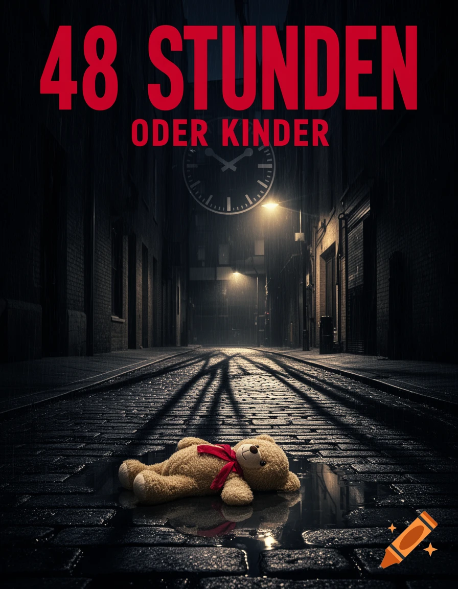 A dark, rainy alley with a teddy bear in a puddle, a clock, and the red title '48 STUNDEN ODER KINDER' for a thriller book cover.