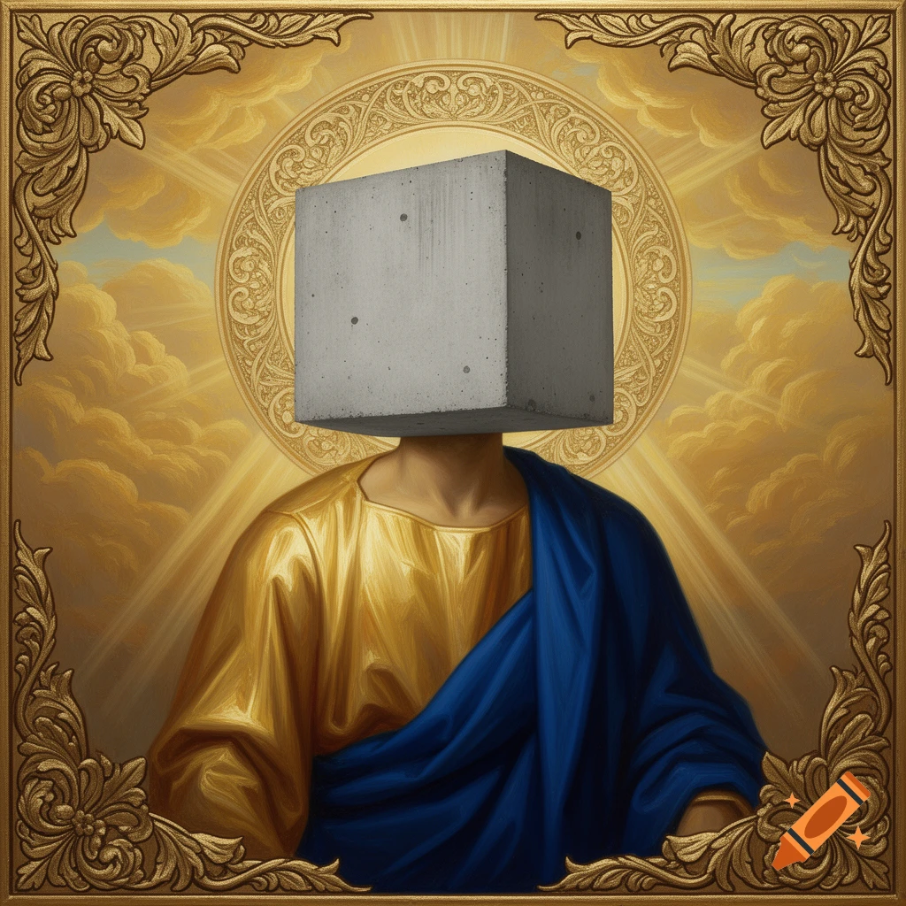 A painting in the style of a religious icon shows a robed figure with a concrete cube for a head, against a golden halo and sky background.