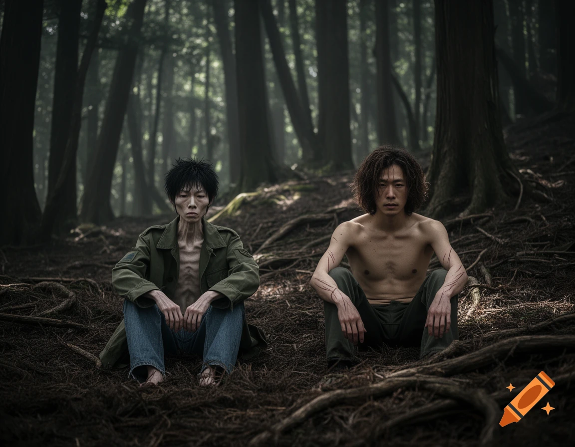 Two gaunt men sit on the forest floor, one showing ribs, the other with cuts on his arms, in a dark, misty, photorealistic forest.