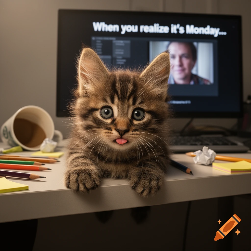 A fluffy tabby kitten with wide blue eyes and tongue out sits on a desk in front of a laptop displaying a 'When you realize it's Monday...' meme.