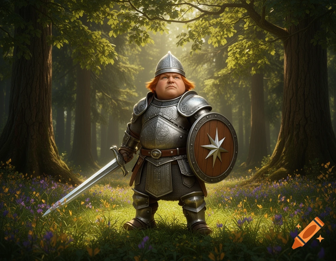 A stout, red-haired paladin in ornate plate armor, holding a sword and shield, stands in a sun-dappled forest with wildflowers.