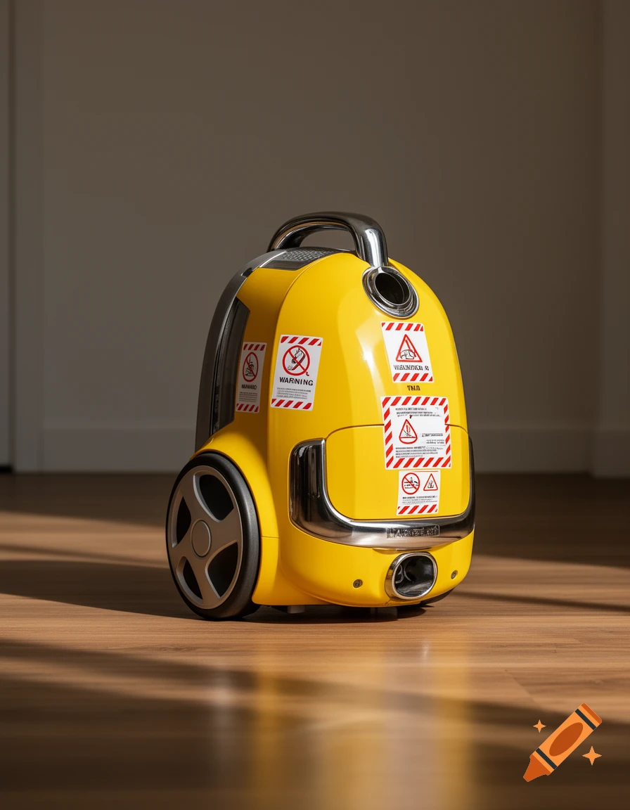 A yellow vacuum cleaner with red and white striped warning stickers, sitting on a wooden floor in sunlight.