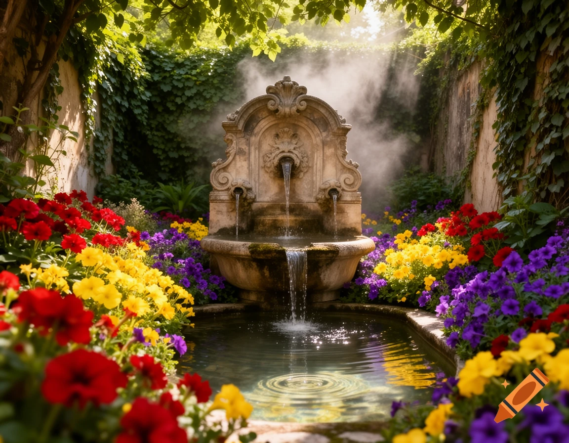 An ornate stone fountain flows into a pool, surrounded by a lush garden of red, yellow, and purple flowers with ivy-covered walls.