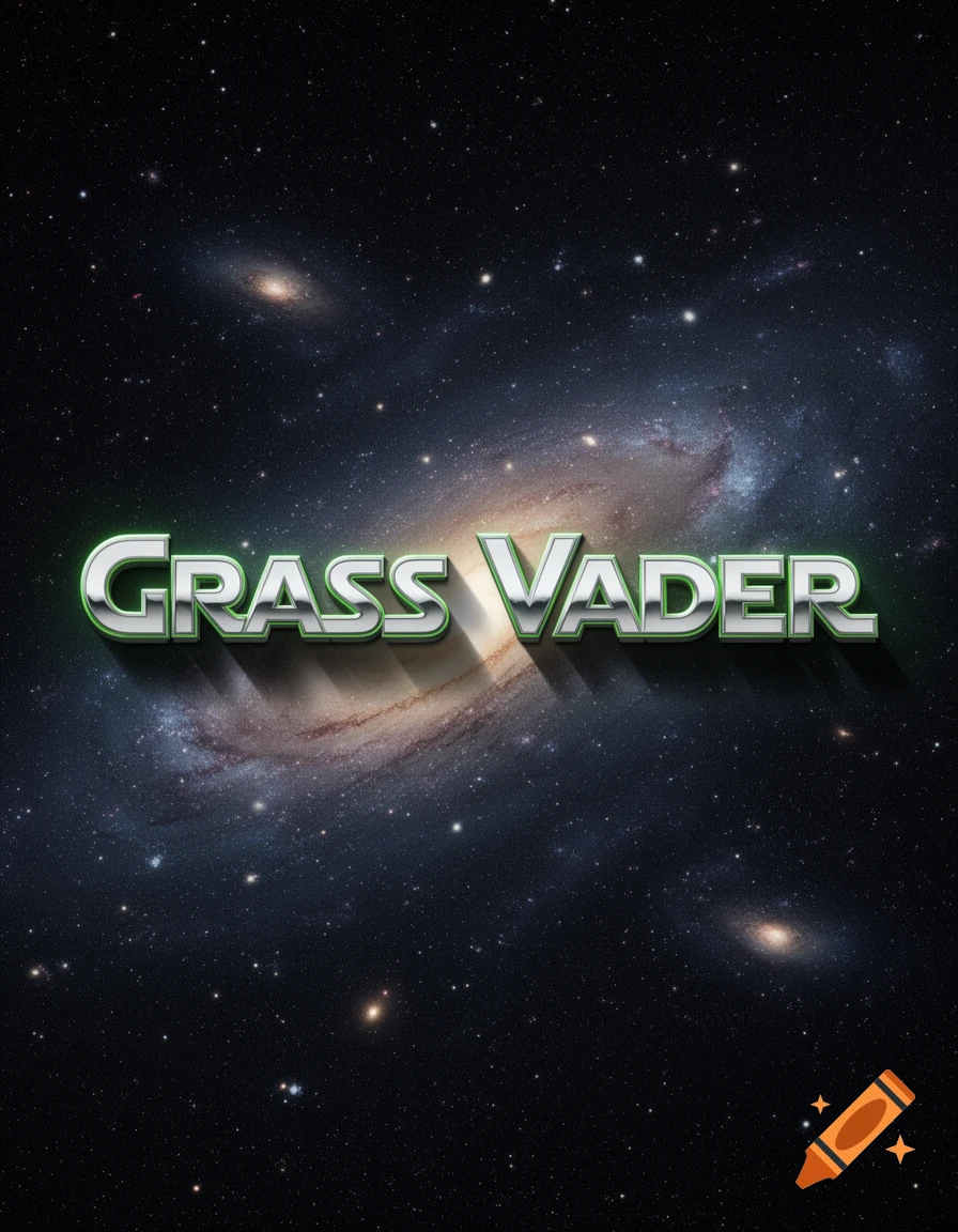 Metallic silver text with a green glow spelling 'Grass Vader' against a deep space background with swirling galaxies and stars.