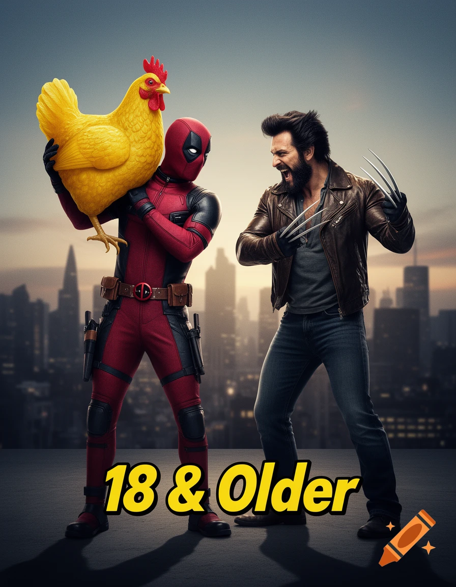 Deadpool holds a giant yellow chicken as an angry Wolverine with claws extended stands nearby, on a rooftop with a cityscape. Text reads '18 & Older'.