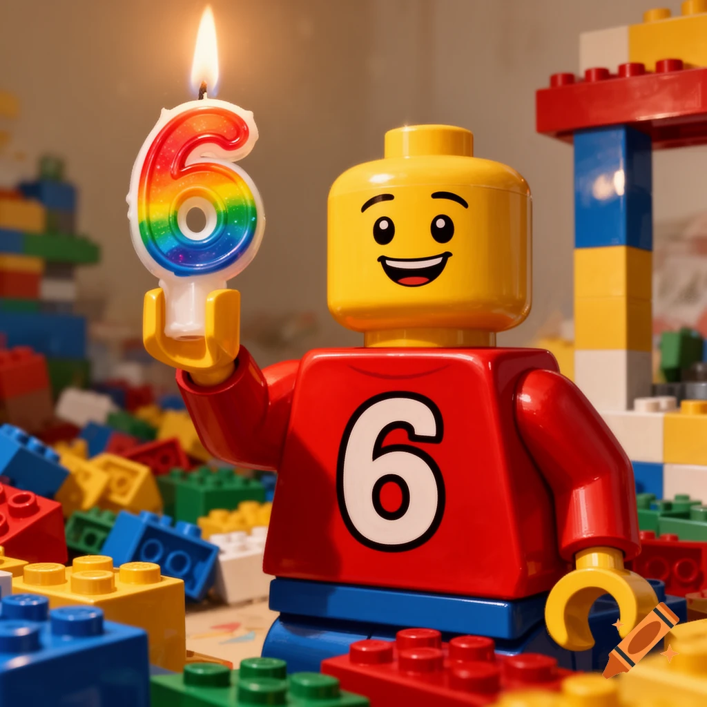 A red Lego man figure with a number 6 on its shirt holds a rainbow number 6 birthday candle, surrounded by colorful Lego bricks.