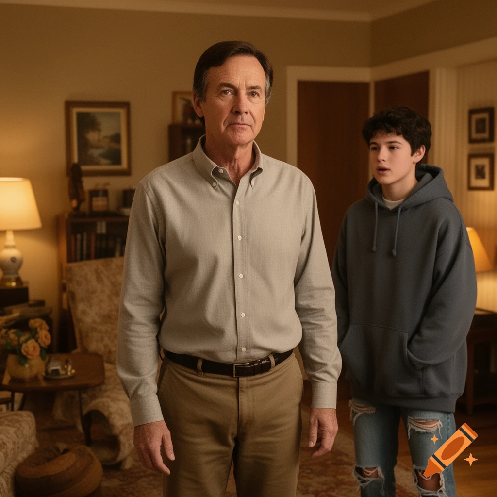 Photorealistic portrait of an older man in a button-down shirt and a younger boy in a hoodie standing in a living room.