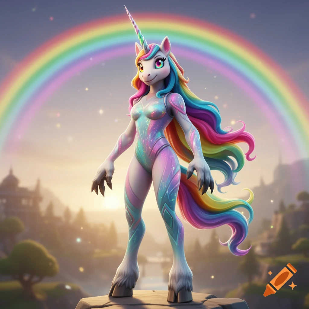 A brightly colored anthropomorphic unicorn character with rainbow hair and a horn stands in a colorful landscape under a rainbow.
