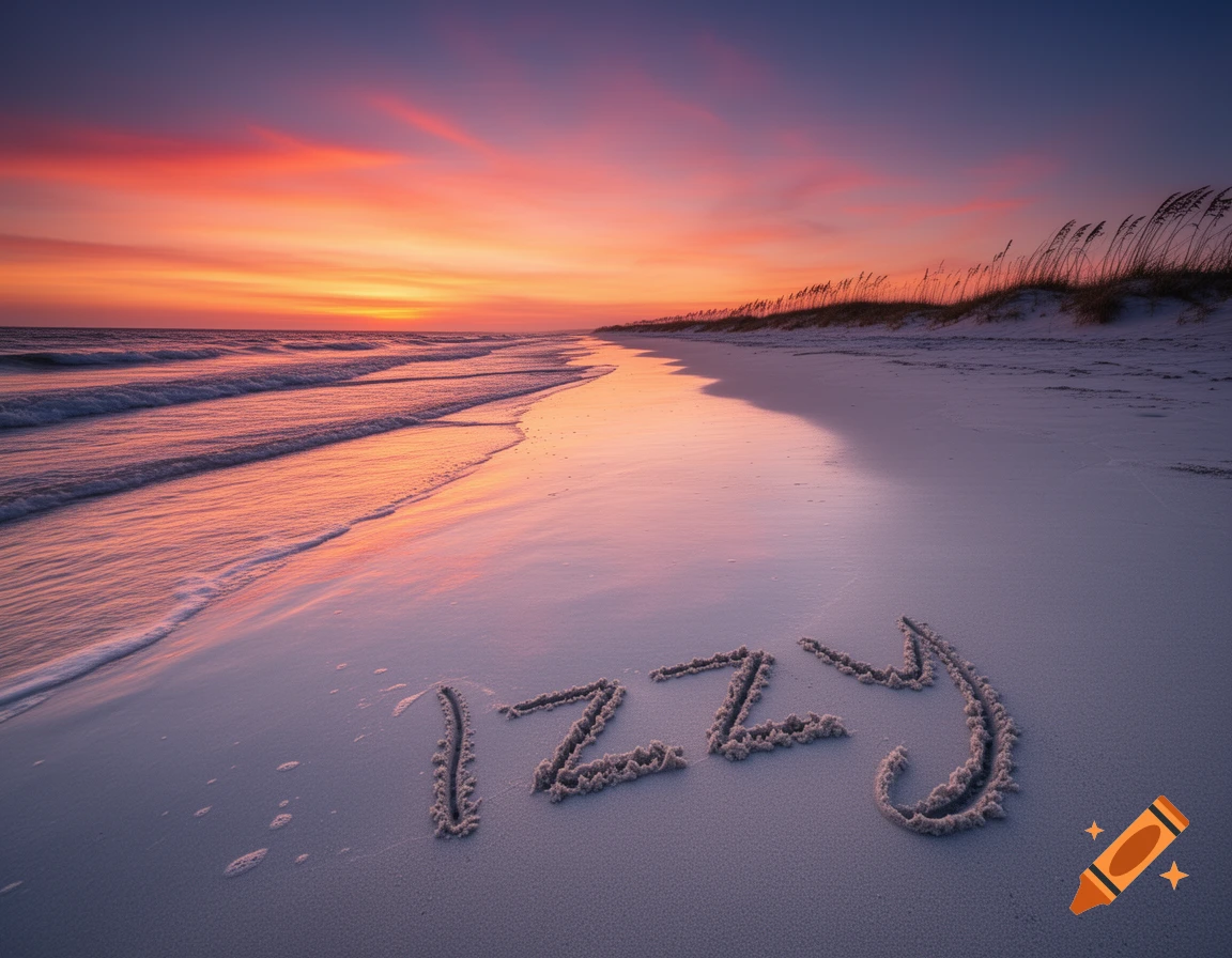 The name 'IZZY' written in the wet sand on a vibrant beach at sunset with waves and sea oats.