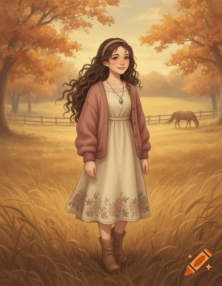 Semi-realistic illustration of a young girl in a cream dress and pink cardigan, standing in an autumn field with trees and a horse.