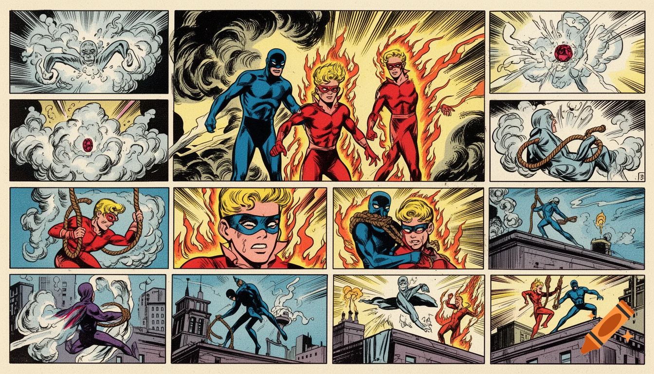 A golden age comic book page depicting superheroes Zemo, Flame, and Acro-boy fighting a stealthy ghost villain in a city.