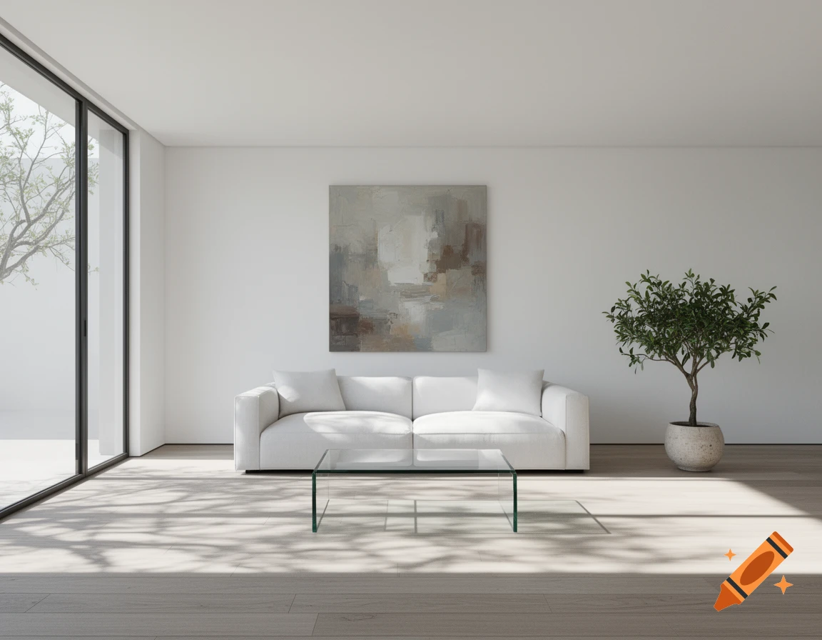 Minimalist living room with a white sofa, glass coffee table, abstract art, and potted plant, under natural light from large windows.