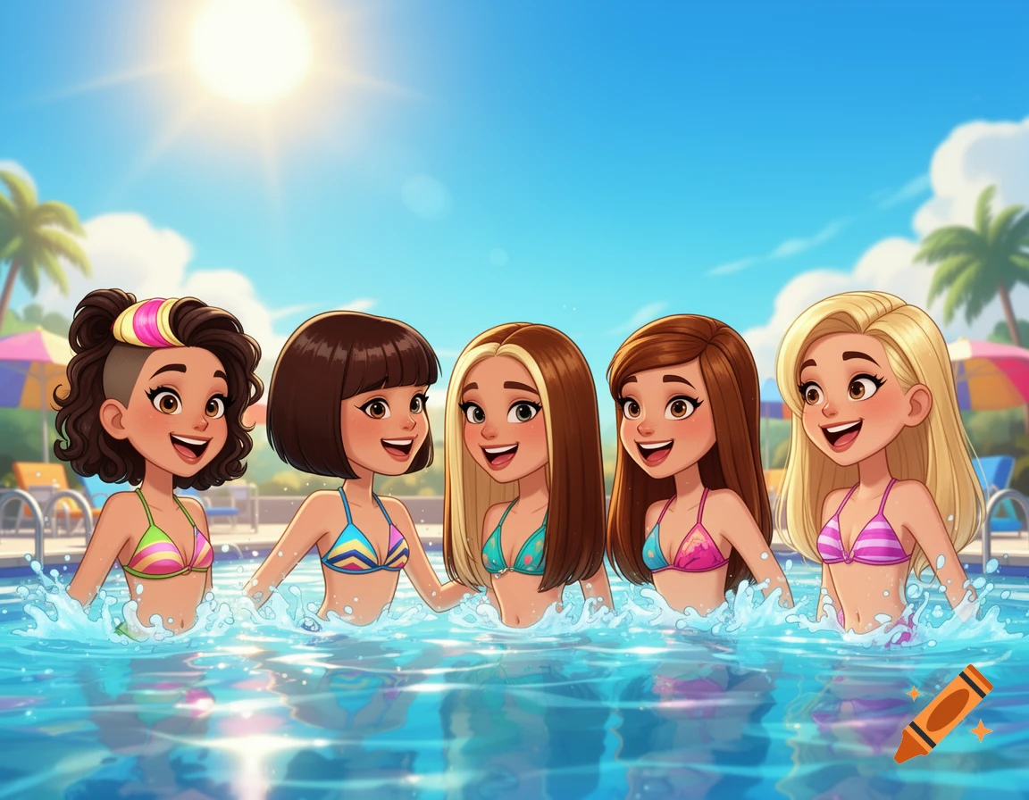 Five smiling cartoon girls in colorful swimsuits splash and play in a sunny swimming pool.