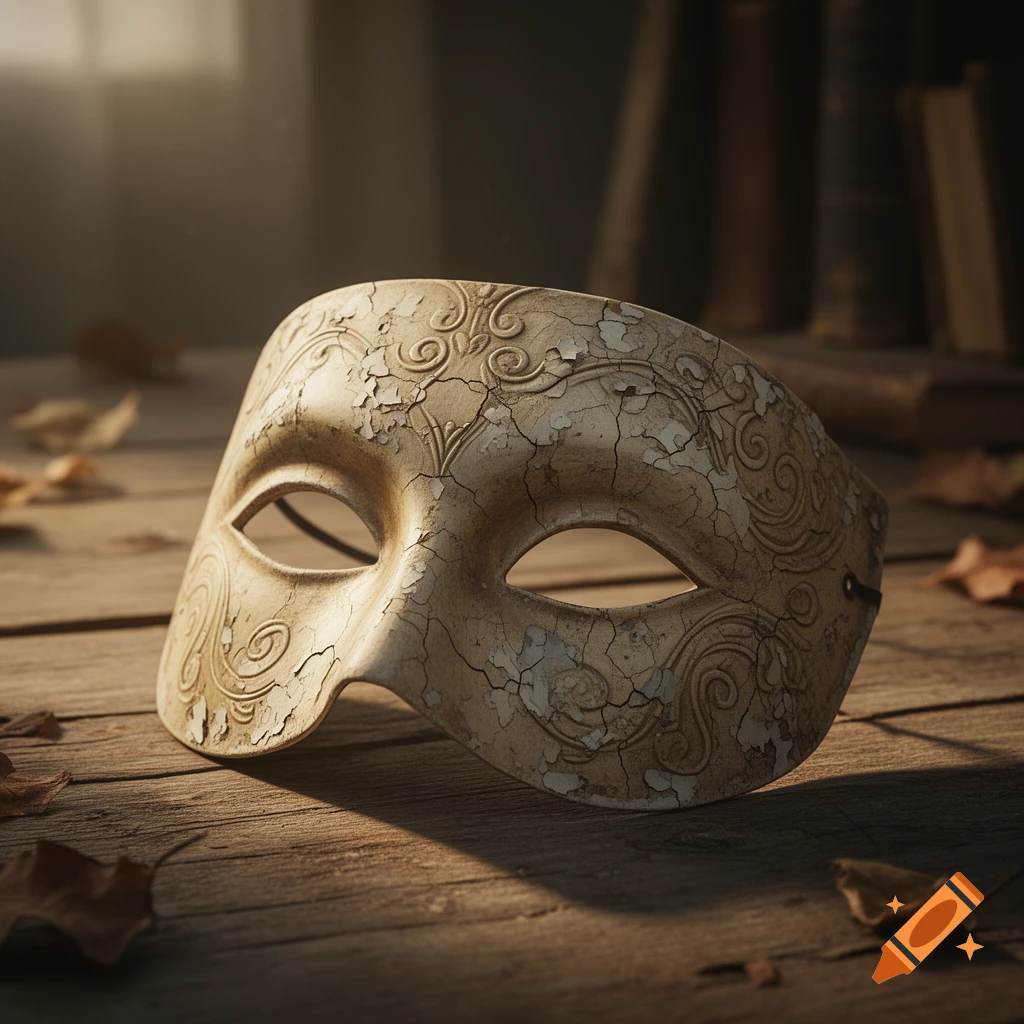 A cracked, ornate white mask with swirled patterns lies on a rustic wooden table, surrounded by dried leaves, with blurred books in the background.