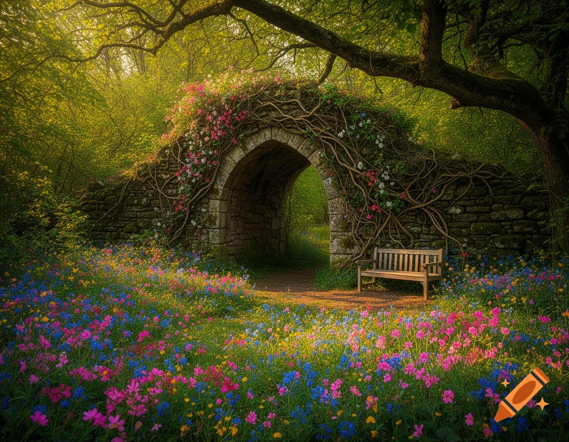 A stone archway covered in vines and colorful flowers in a lush forest meadow with a wooden bench.