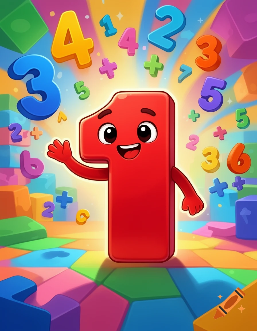 A cheerful red number one character waves, surrounded by colorful floating numbers and blocks in a bright cartoon style.