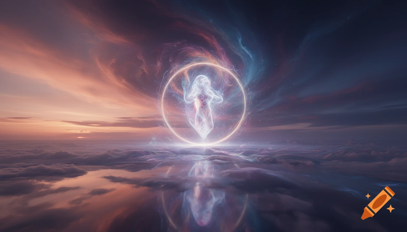 A glowing, ethereal humanoid figure within a light ring hovers above clouds, under a cosmic sunrise/sunset sky.