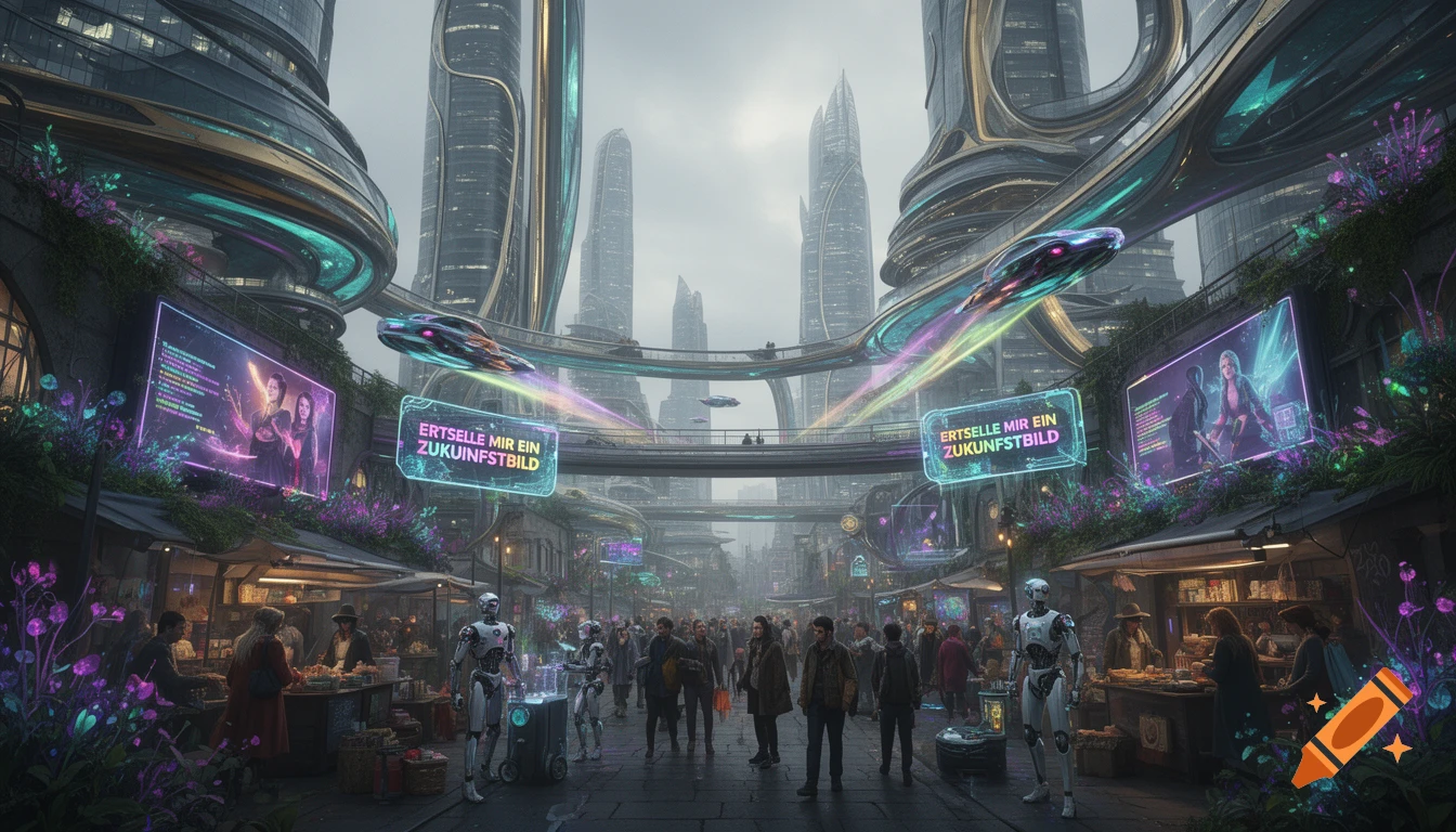 A bustling futuristic city street with tall buildings, flying vehicles, market stalls, people, and robots under a bright sky.