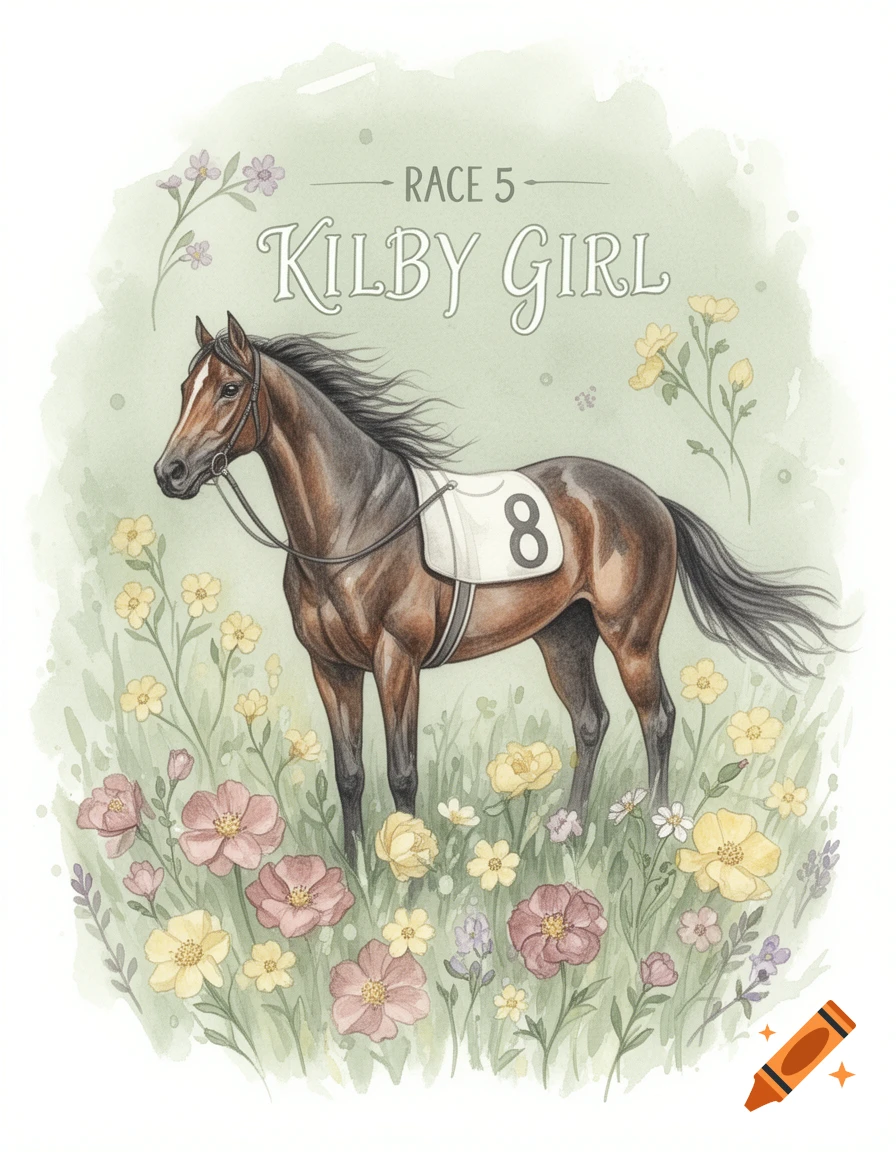 Watercolor illustration of racehorse Kilby Girl with number 8, standing in a wildflower meadow, with text 'RACE 5 Kilby Girl'.