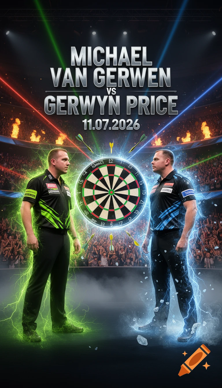 A cinematic dart poster showing two players, Michael van Gerwen and Gerwyn Price, surrounded by green and blue lightning, facing a glowing dartboard in a stadium with a crowd, lasers, and fire.