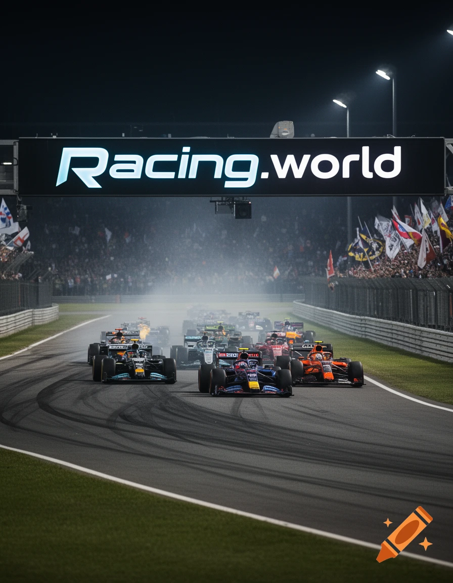 Night view of Formula 1 cars racing on a track under a 'Racing.world' sign with spectators.