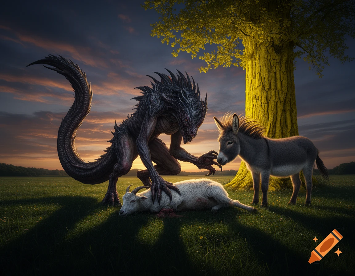 A dark, scaly monster stands over a dead goat as a donkey watches, beside a glowing yellow tree in a grassy field at sunset.