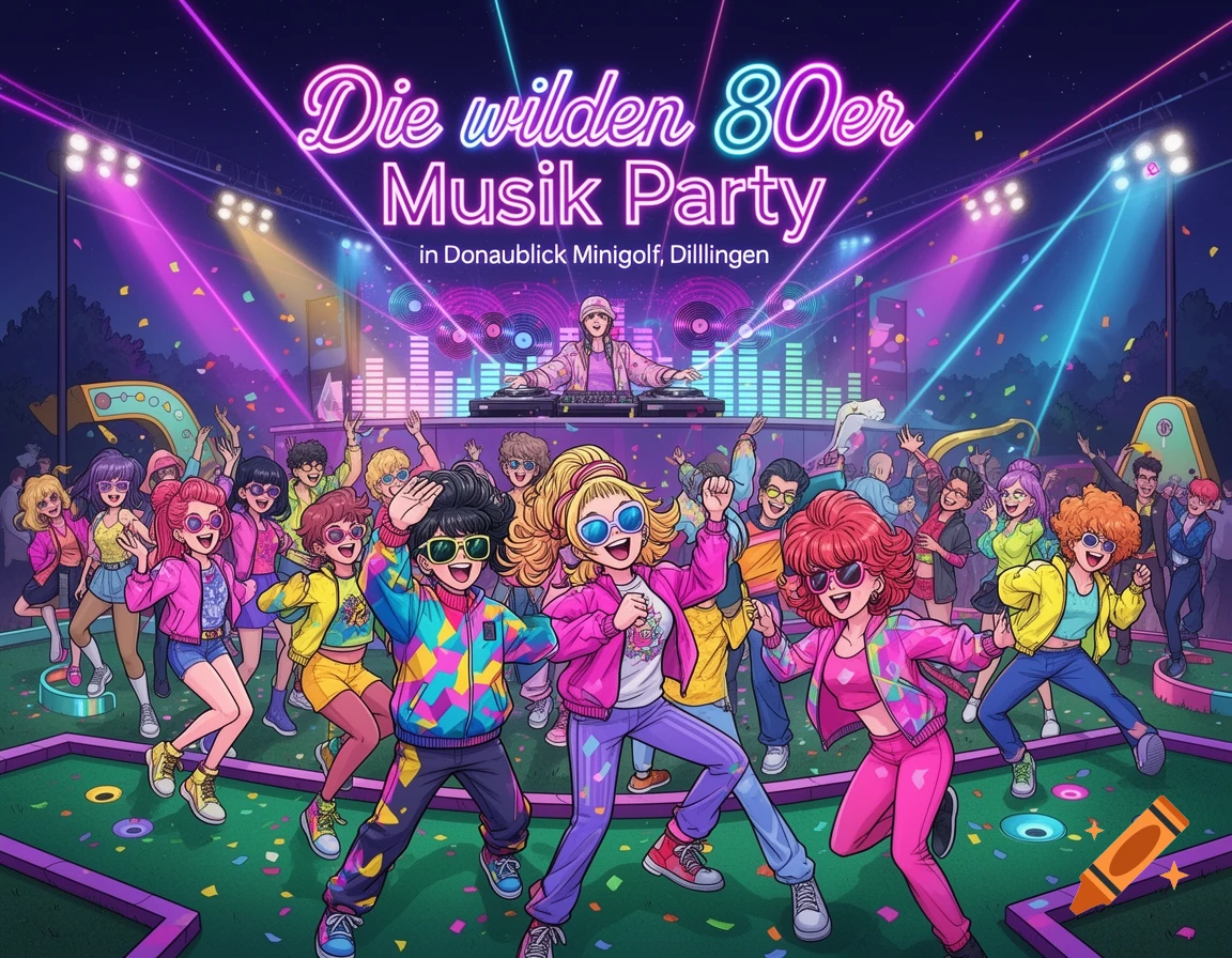 Vibrant cartoon illustration of an 80s music party at a minigolf course with people dancing and a DJ, featuring neon text.