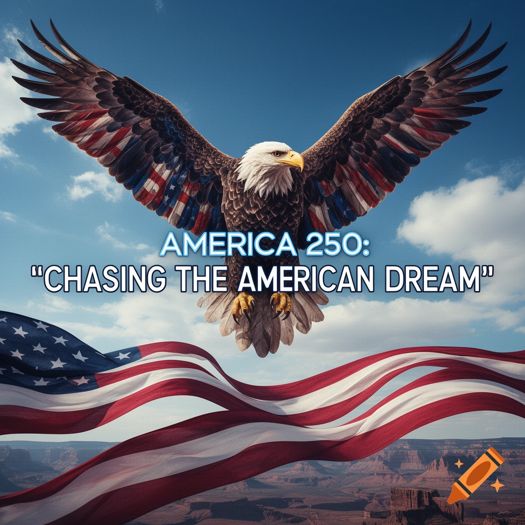 A bald eagle with American flag-patterned wings soars over a desert landscape, with a waving US flag and text "AMERICA 250: "CHASING THE AMERICAN DREAM"".