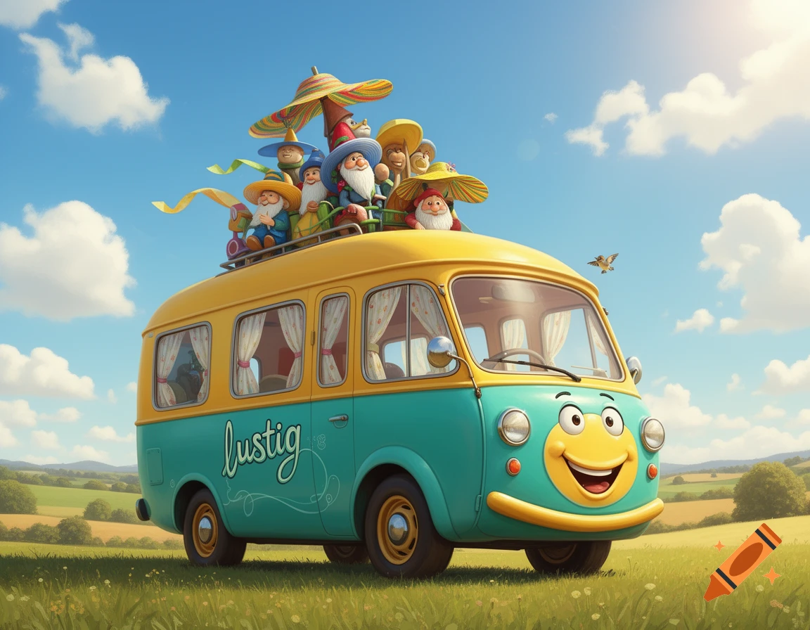 A cheerful yellow and green cartoon bus with a smiling face carries gnomes with big hats on its roof through a sunny field.