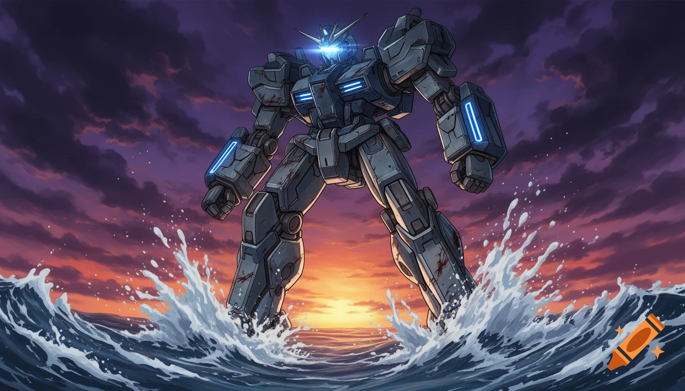 A giant grey mecha robot with glowing blue lights stands in an ocean at sunset, splashing water.