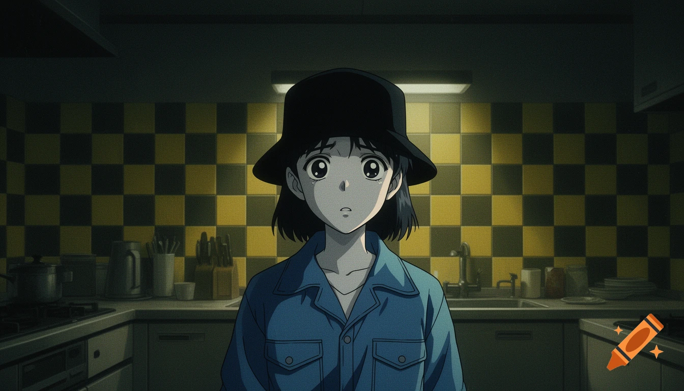 A wide-eyed anime girl in a blue jacket and black hat stands in an eerie yellow and black checkered kitchen, in 90s retro style.