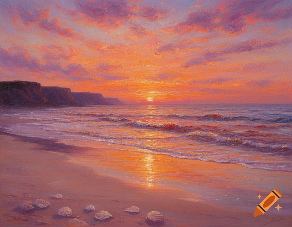 An impressionist oil painting of a vibrant sunset over a beach with waves, cliffs, and seashells on the sand.