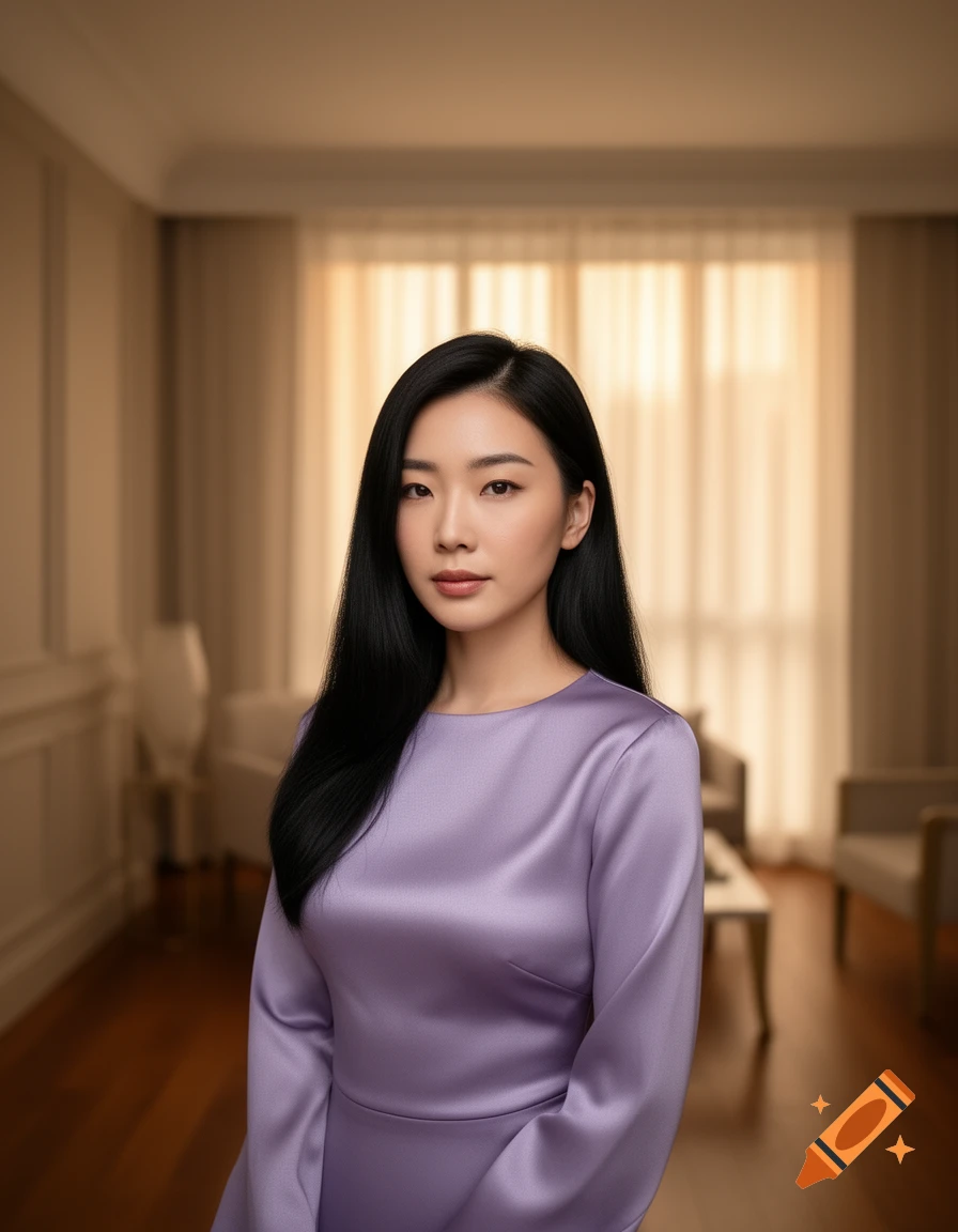 Photorealistic portrait of an Asian woman with long dark hair in a purple satin dress, standing in a warm, blurred room.
