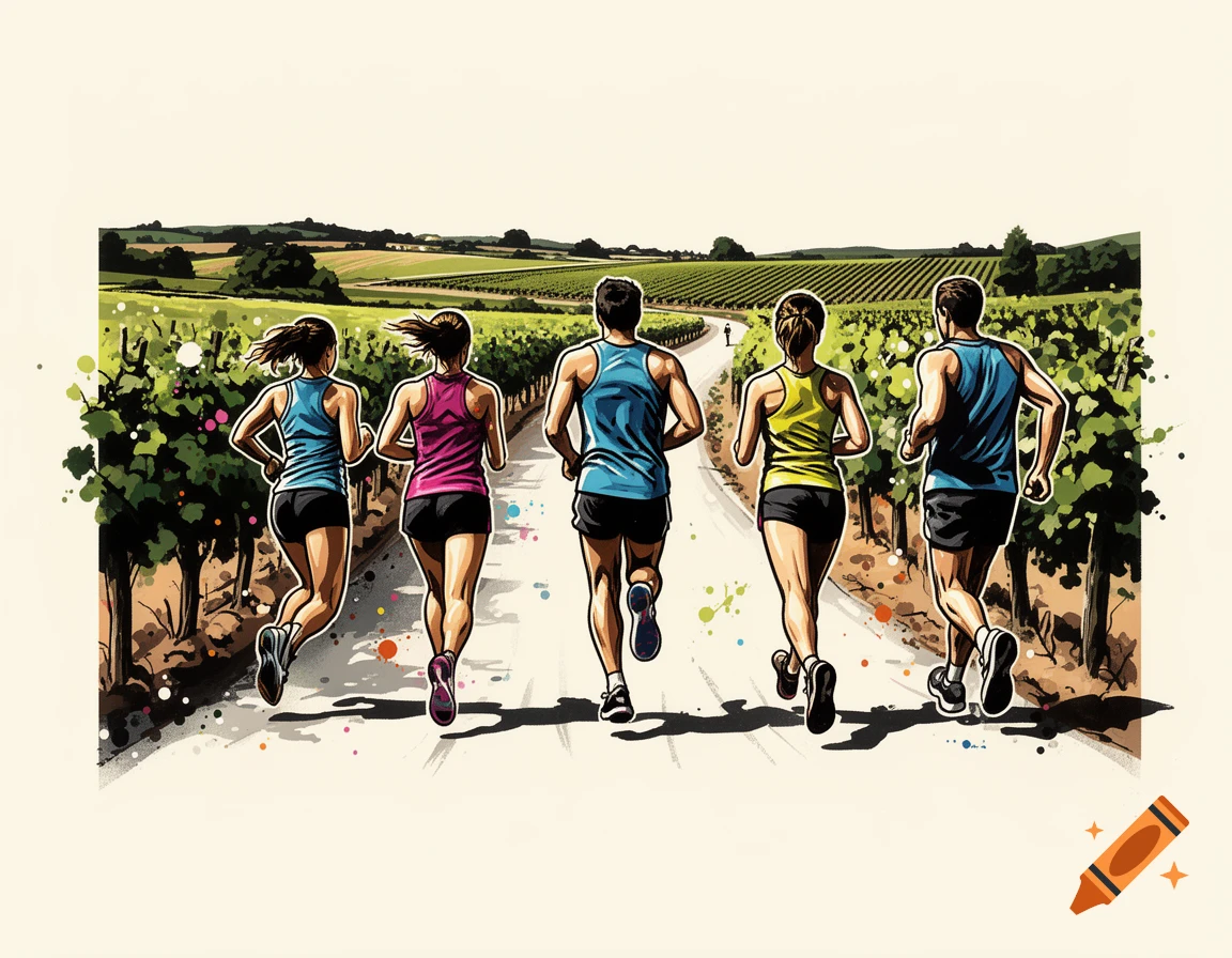 Five stylized runners, three women and two men, seen from behind on a path through a vineyard, in a spray paint and stencil art style.