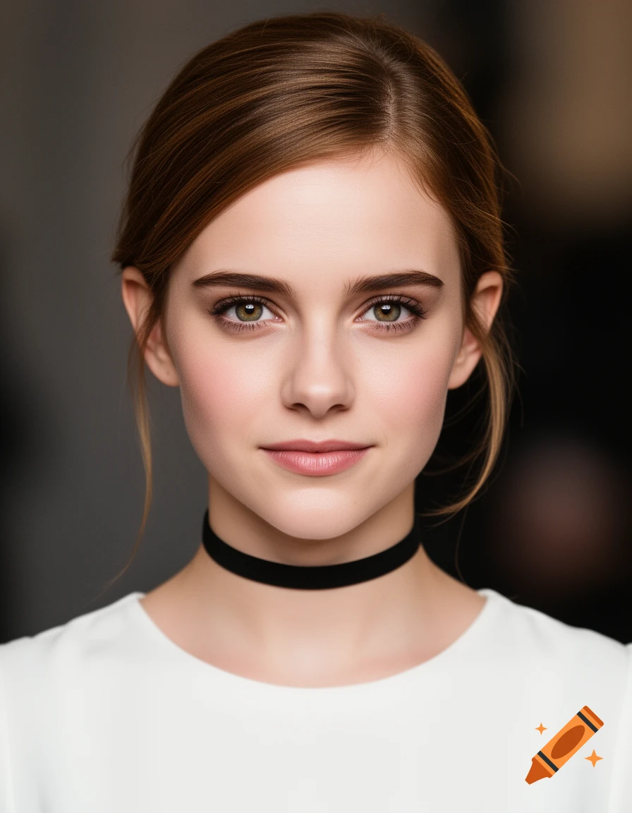 Photorealistic portrait of a young woman with brown hair, green eyes, wearing a black choker and white top, looking directly at the camera.