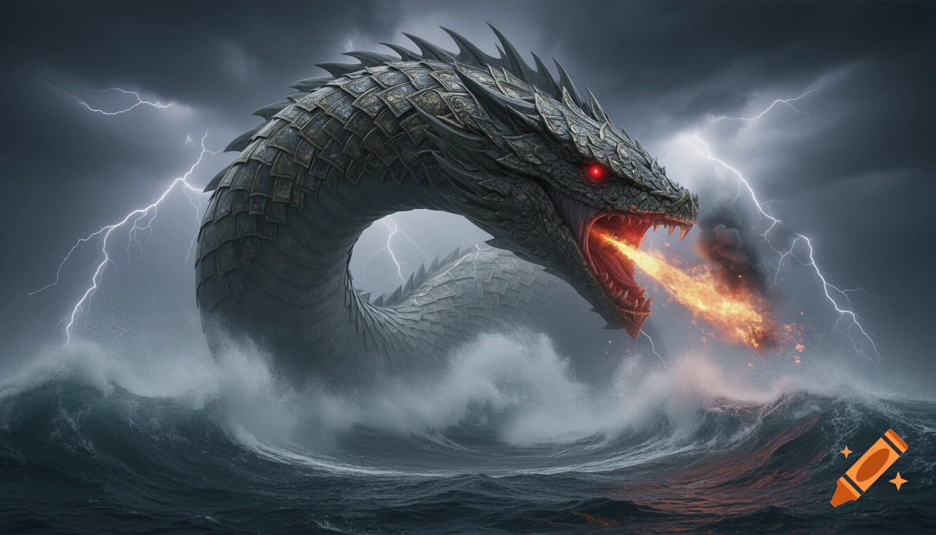 Photorealistic colossal sea serpent with red eyes emerging from a stormy ocean, breathing fire under a lightning-filled sky.